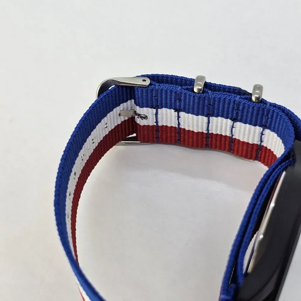 Field Men's Watch 42MM Black Dial Black Case Blue White Red Canvas Band‎ Strap